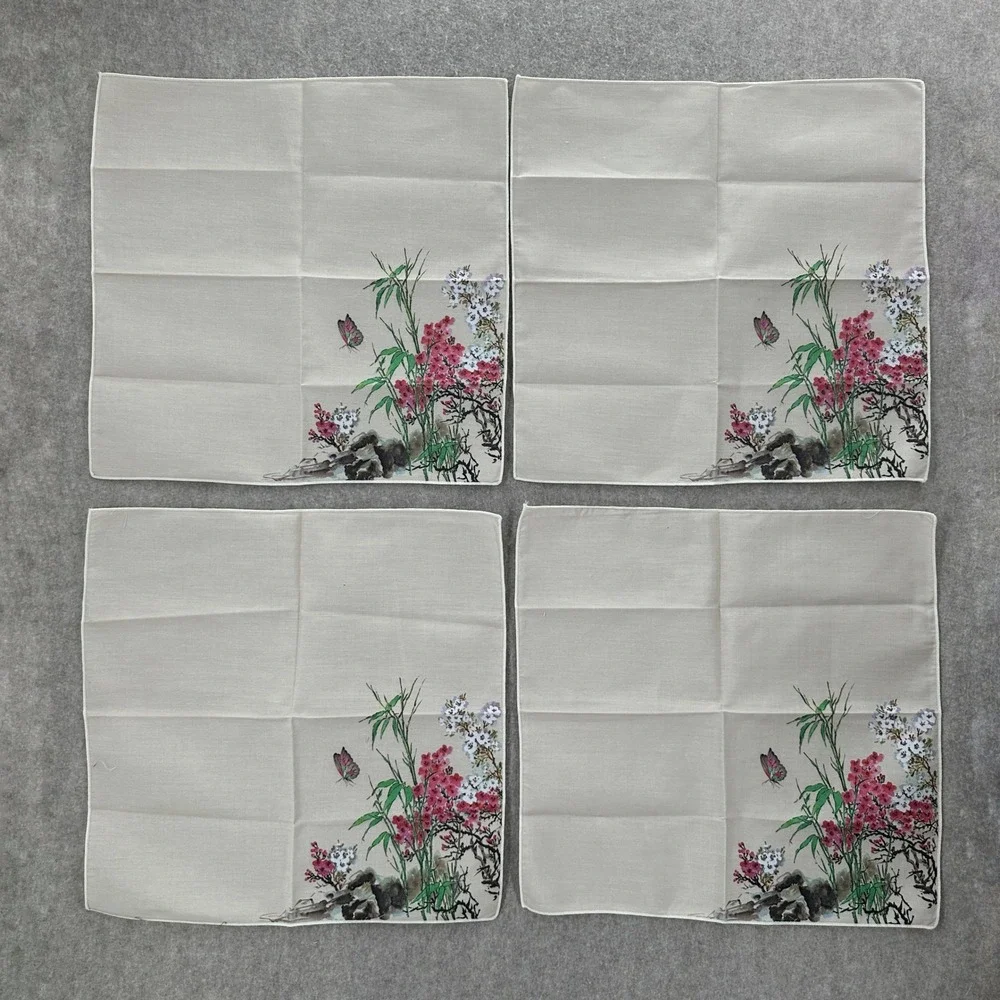 VTG Napkins Set of 4 Cream Asian Floral Bamboo Butterfly Print 19